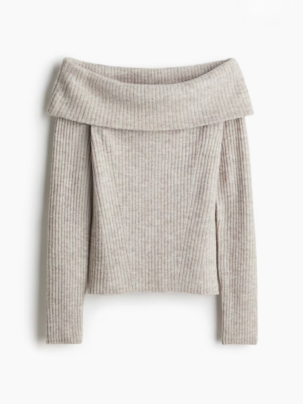 NWT! H&M Off-Shoulder Ribbed Super Soft Sweater in Light Taupe Heather for Fall
